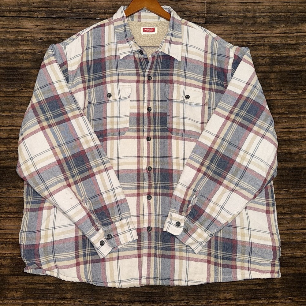Wrangler Flannel Shirt Jacket Mens 2XL Cream Plaid Sherpa Lined Heavy